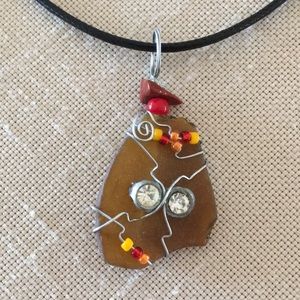 Hand Crafted Sea Glass Necklace Brown Vintage Upcycled Wire Wrapped